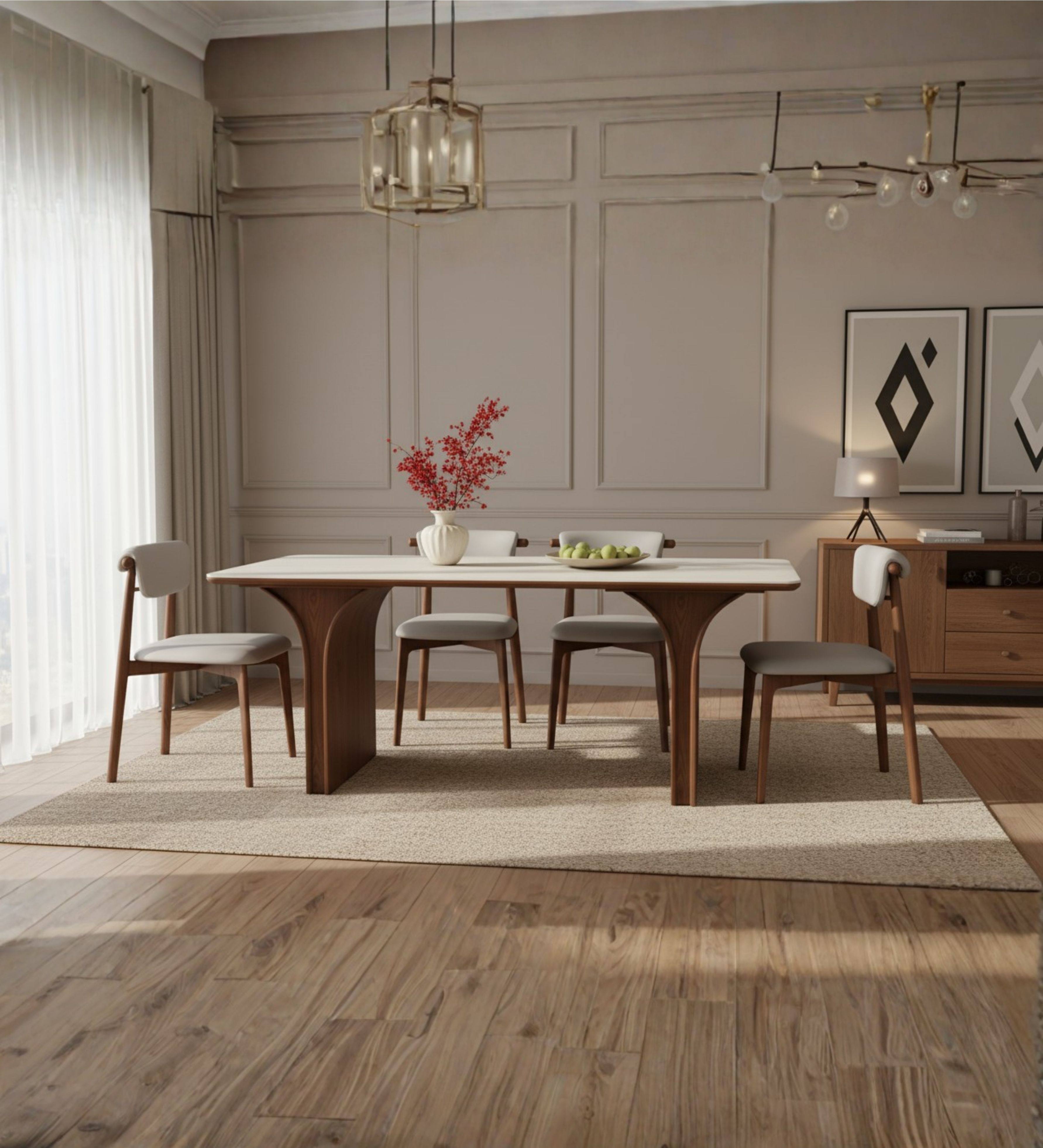 Modern classic dining table with sculpted solid‑wood legs and upholstered chairs with rounded backs