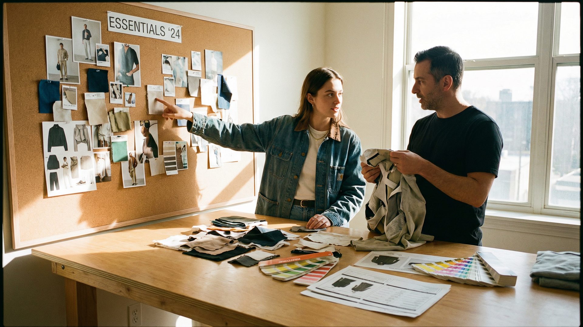 A brand founder and a production expert collaborate at a design table, reviewing a mood board and garment sample together. Fabric swatches, Pantone chips, and a tech pack are spread across the table.