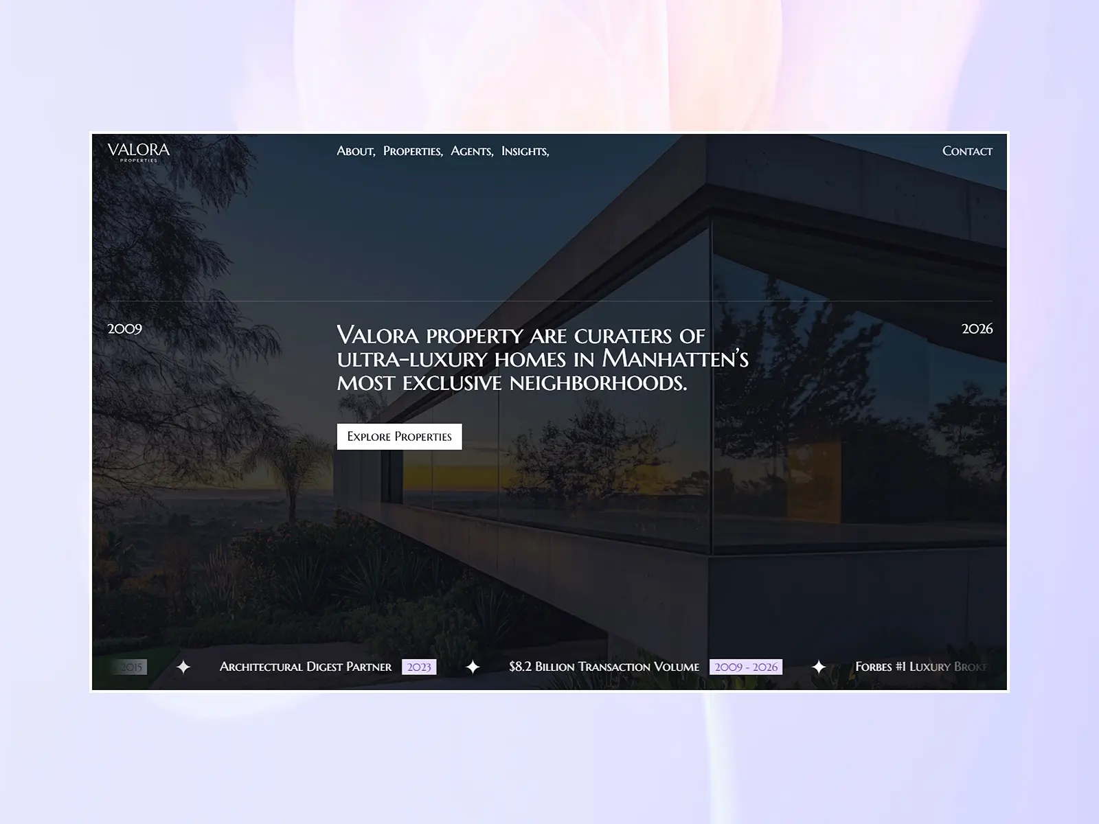 Valora luxury real estate Framer template featuring a dark editorial layout and modern high-end property photography.