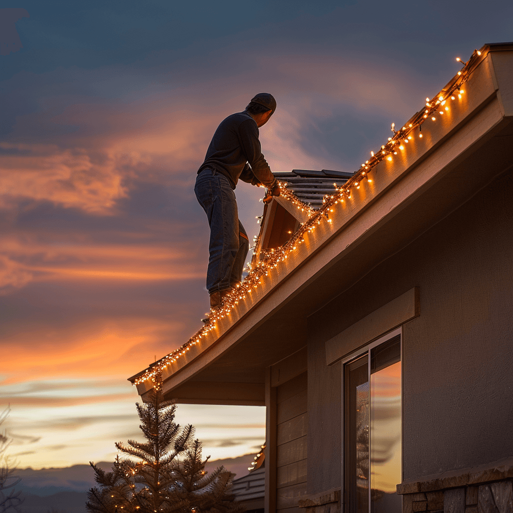 Crew hanging LED Christmas lights on Ogden property