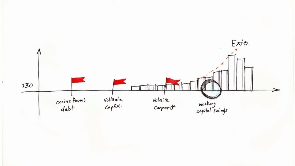 A hand-drawn bar chart illustrating various financial factors affecting cash flow, including debt, capital expenditure, corporate volatility, and working capital swings, with a highlighted upward trend.
