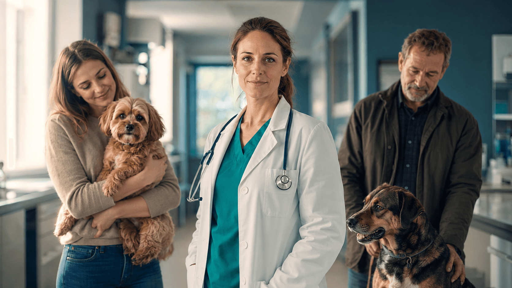 Medica Veterinaria em primeiro plano e seus pacientes ao fundo