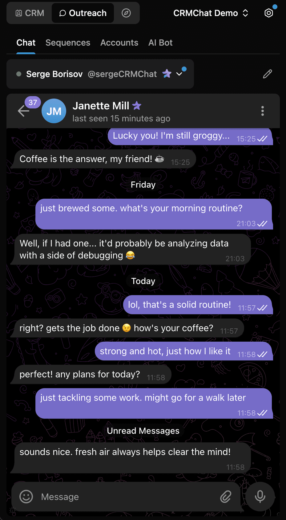 AI-generated warmup conversation between two Telegram users discussing morning routines and coffee, demonstrating natural human-like messaging