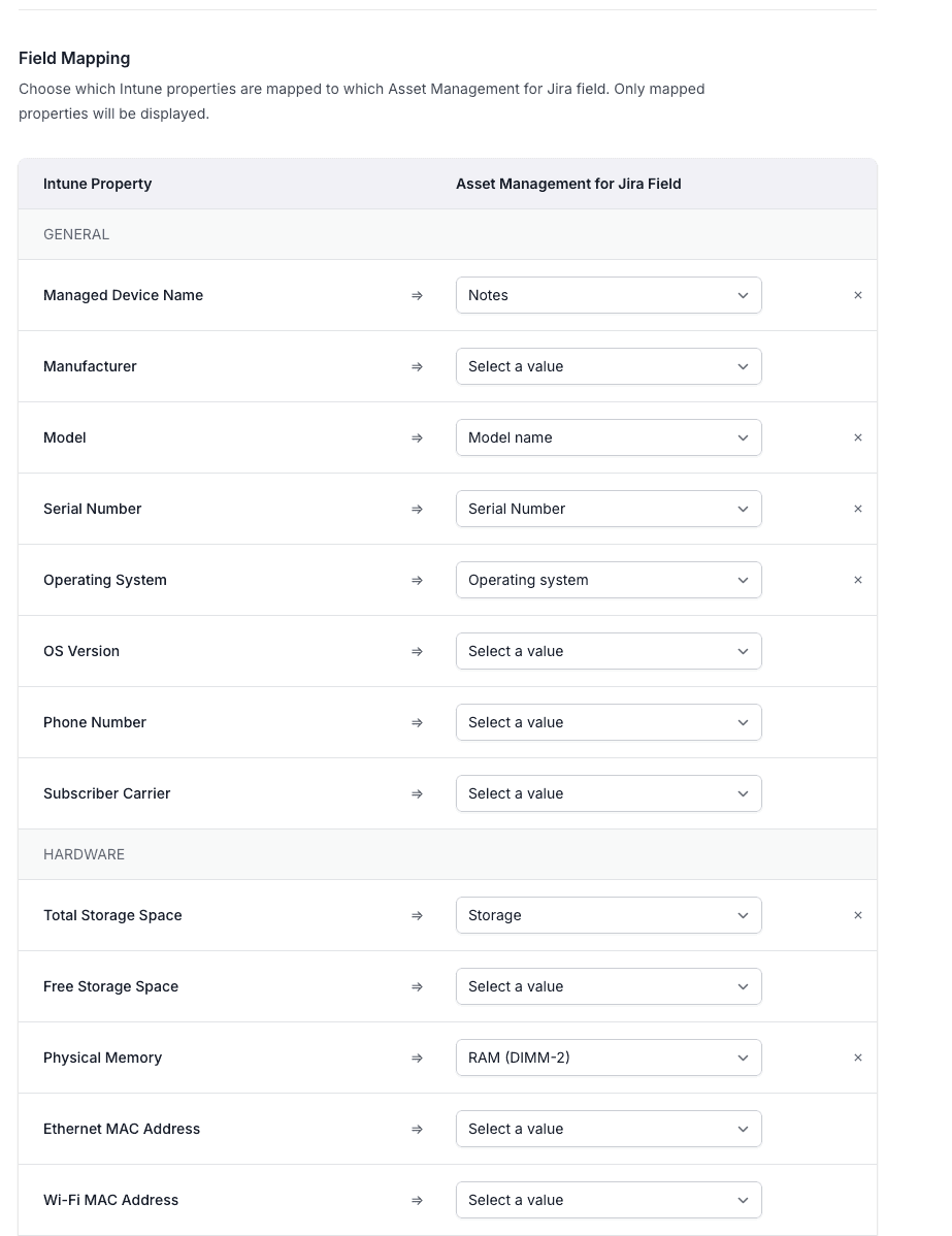 Intune's field mapping interface for integrating device properties with Asset Management for Jira