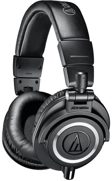 Audio Technica ATH-M50x wired over-ear headphones in matte black, shown at a three-quarter angle.