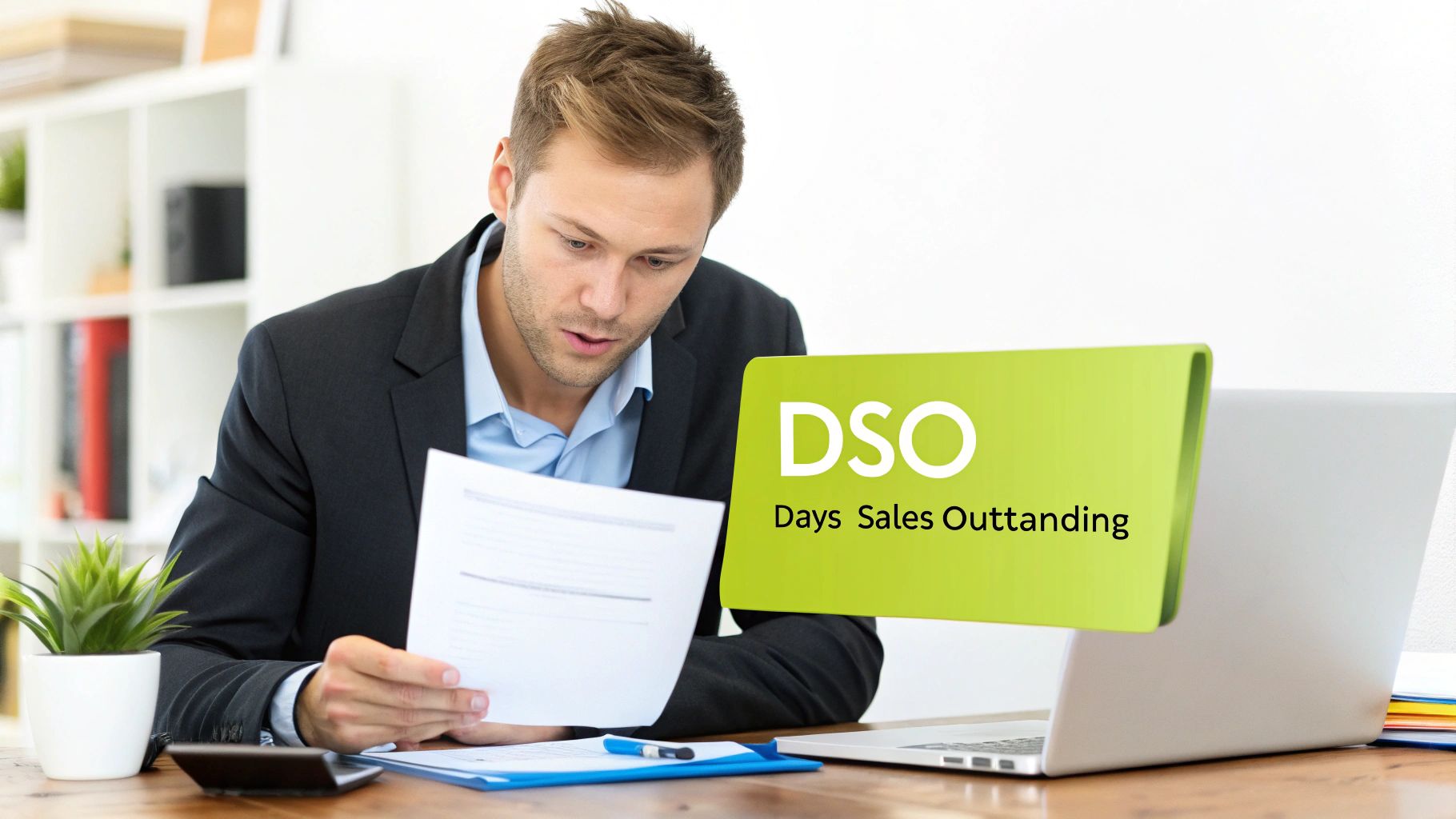 Professional man analyzing business documents at a desk, with a 'DSO Days Sales Outstanding' graphic.