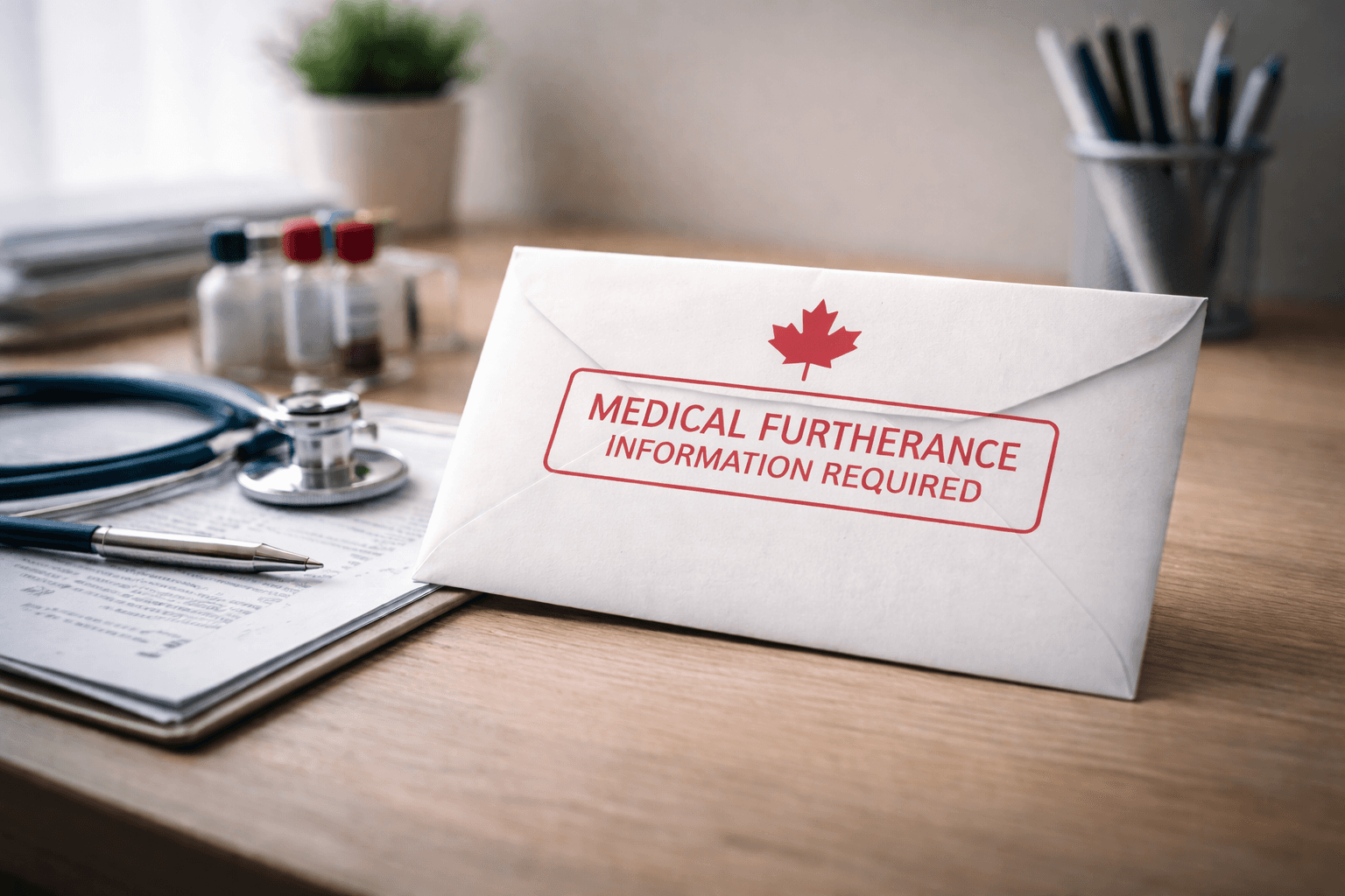 Medical furtherance information required envelope with Canadian maple leaf on clinical desk representing IRCC immigration medical exam follow-up handled by panel physician at GTA Immigration Physicians in Canada