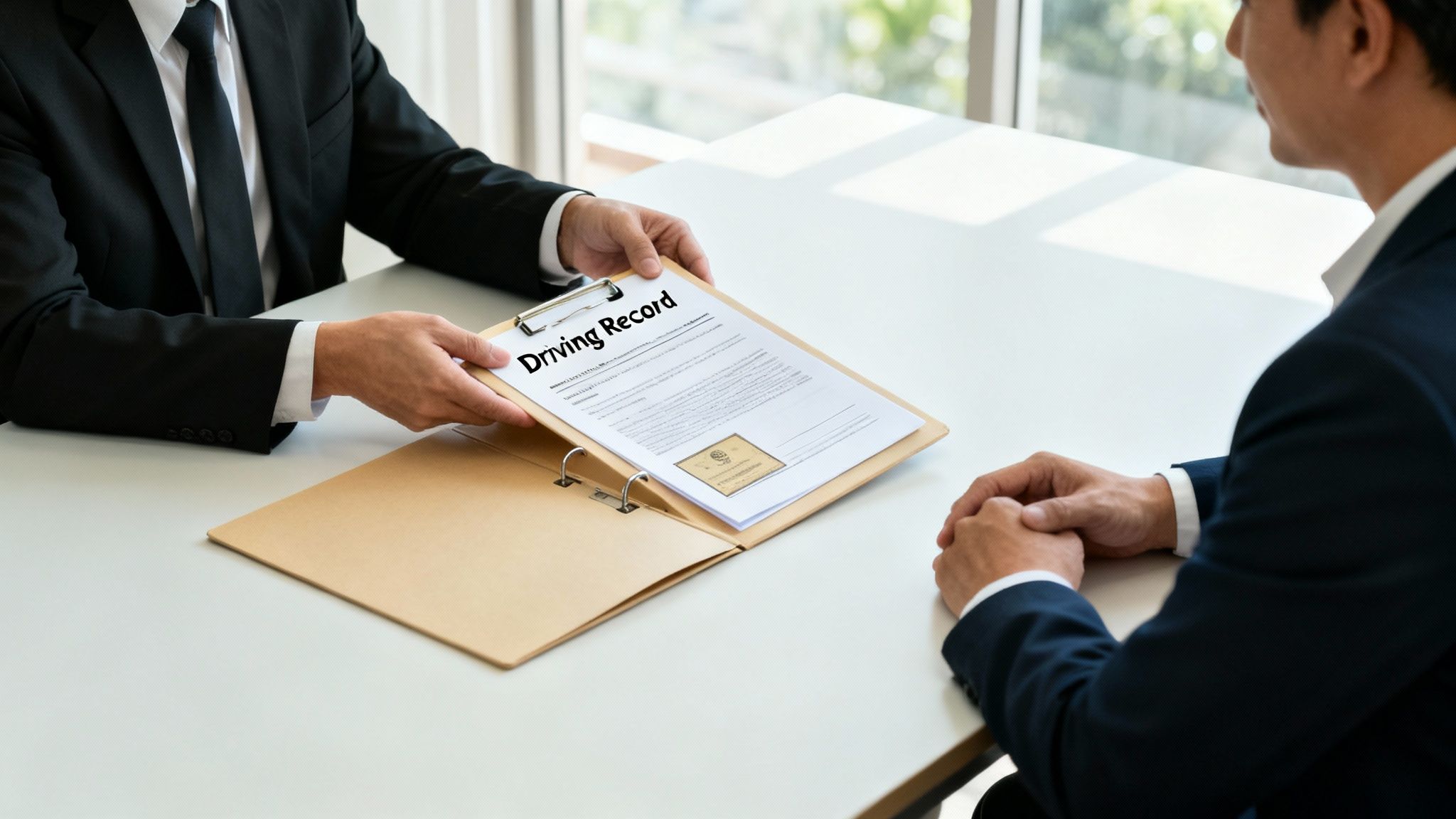 A man in a black suit hands a 'Driving Record' document to another man in a navy suit at a table.