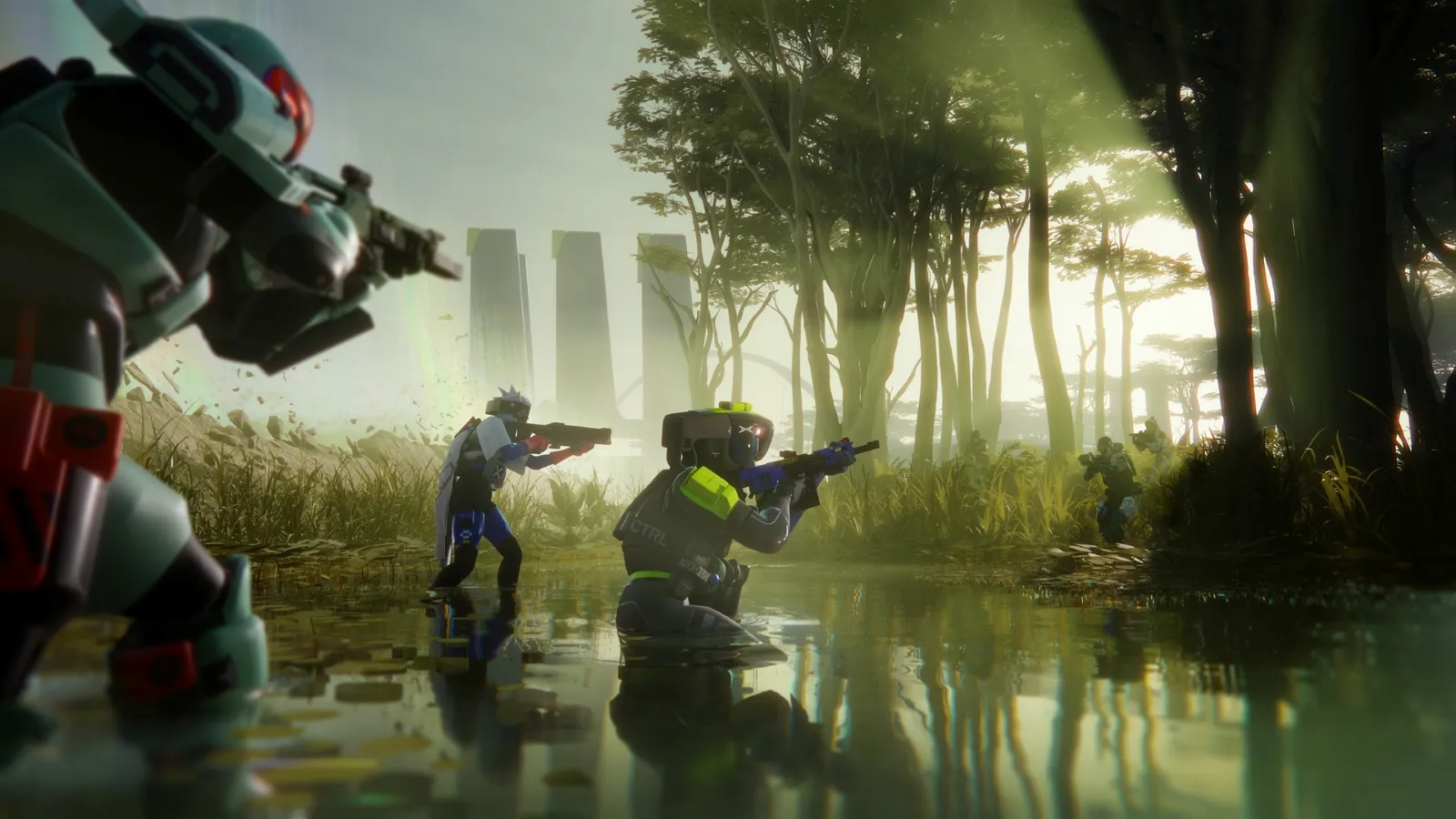 A group of futuristic soldiers in armoured suits navigate through a marshy landscape with towering trees and distant industrial structures, creating an immersive sci-fi action scene.
