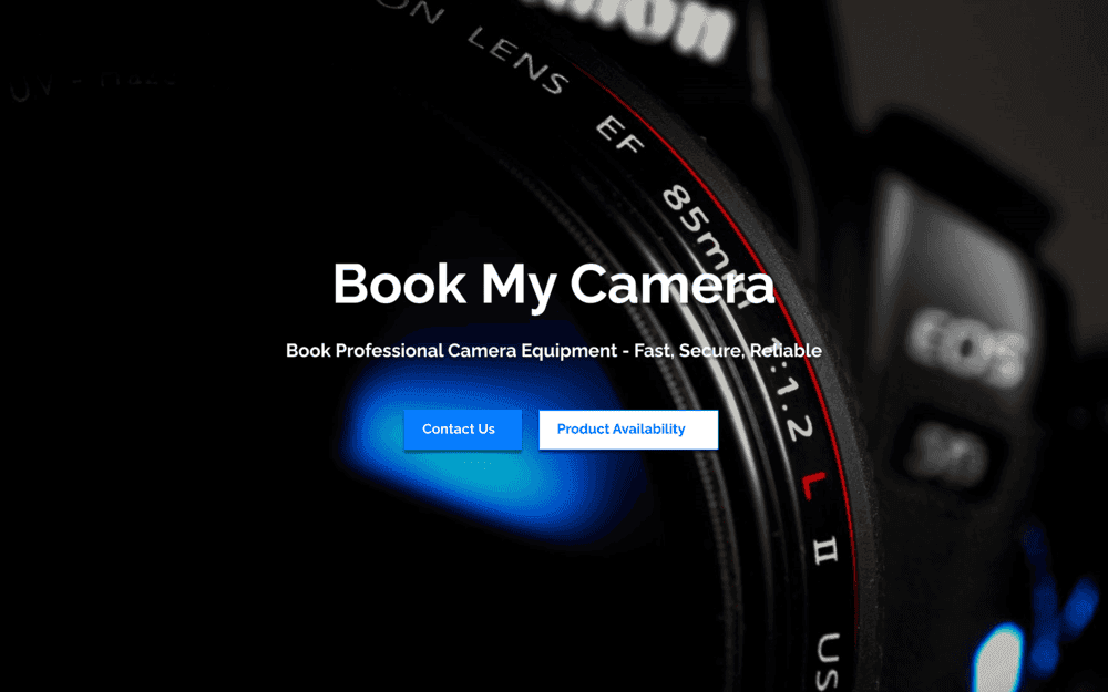 Close-up of a camera lens with "Book My Camera" overlaid, buttons for "Get a Quote" and "Product Availability".
