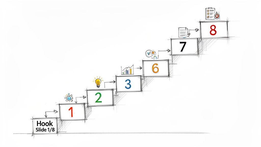 A visual diagram illustrating an 8-step staircase process, from 'Hook Slide' to task completion, with various icons.