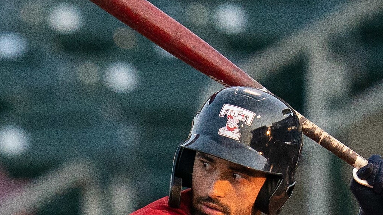 Close-up of Riley Greene in a batting helmet, face centered
