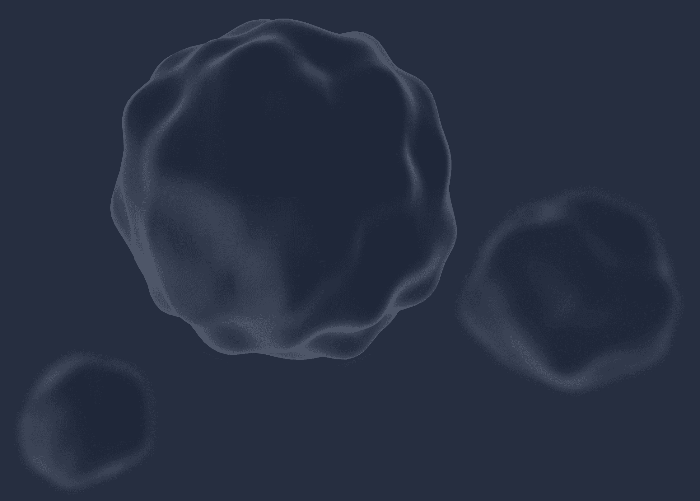 Three dark, irregularly shaped asteroids set against a deep navy background.