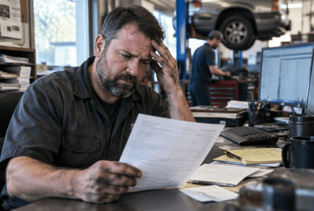 Auto repair shop owner reviewing an ad invoice in the garage office