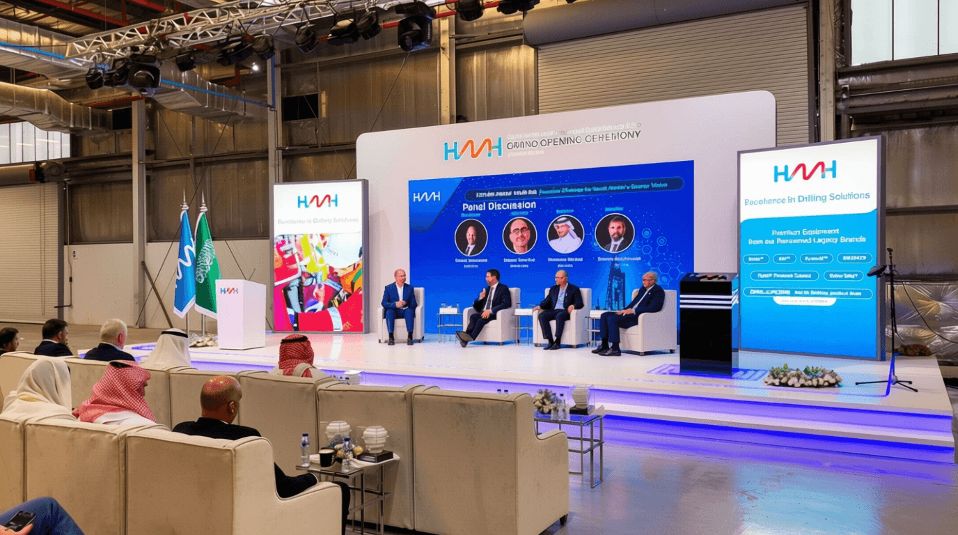 hmh leaders open discussion at stage during the facility opening in dammam