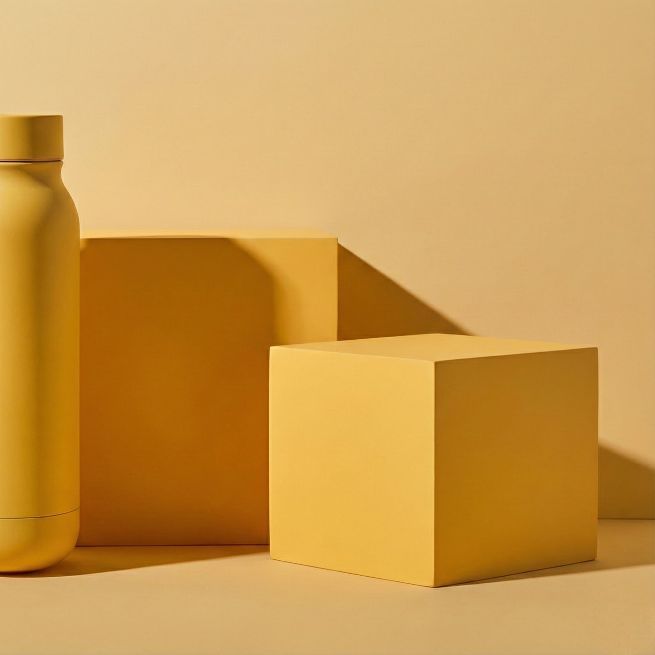 A minimalist composition featuring a yellow water bottle and two yellow cubes on a matching background. The scene conveys a modern and cohesive tone.