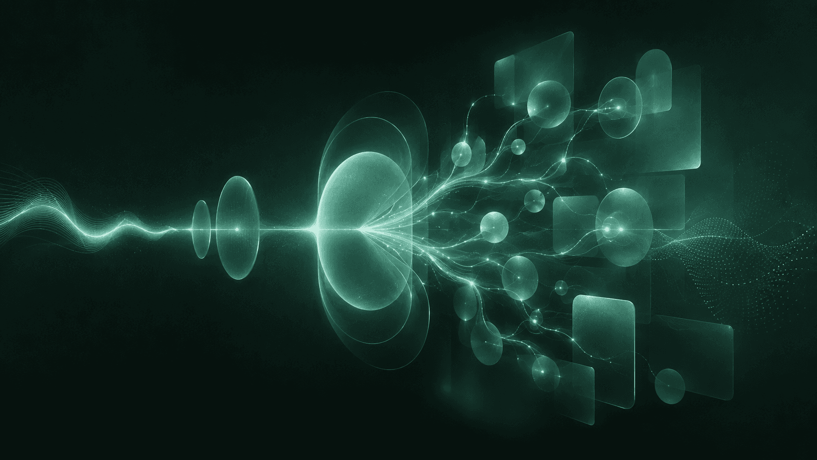 Voice waveform branching into connected AI decision nodes, illustrating agentic voice AI processing and autonomous actions.