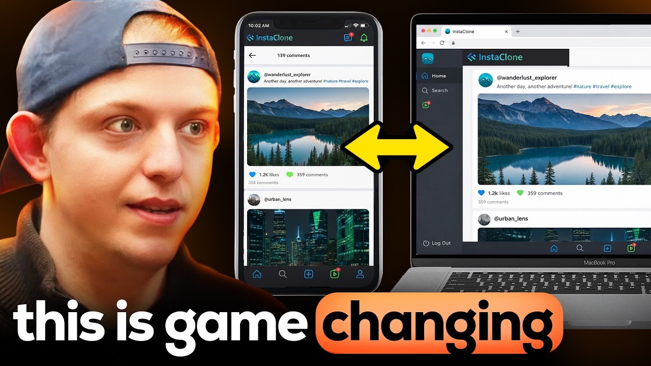 Riley Brown AI-style cross platform app thumbnail with synced phone and laptop mockups