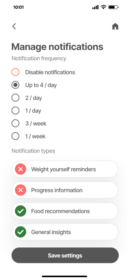 Calorie app - manage notifications