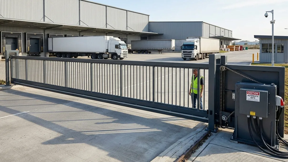 Heavy automatic gate opener system installed on a large industrial gate
