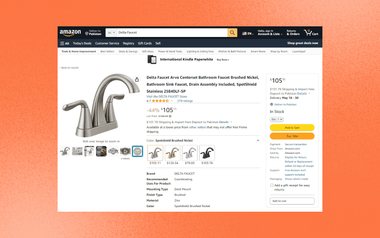 Amazon product page of a water tab