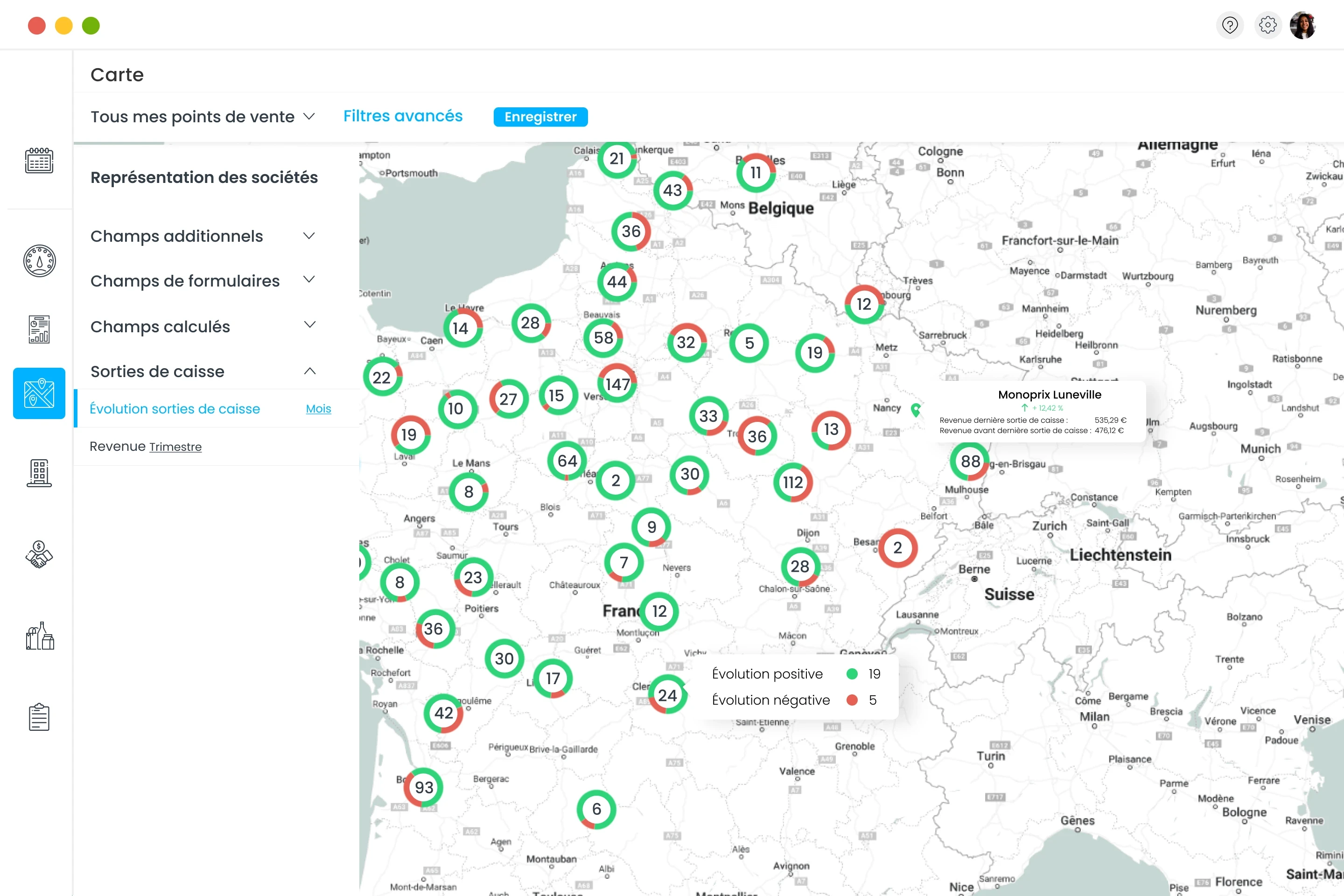 Visualisation des points de vente en fonction des sorties de caisse sur Sidely