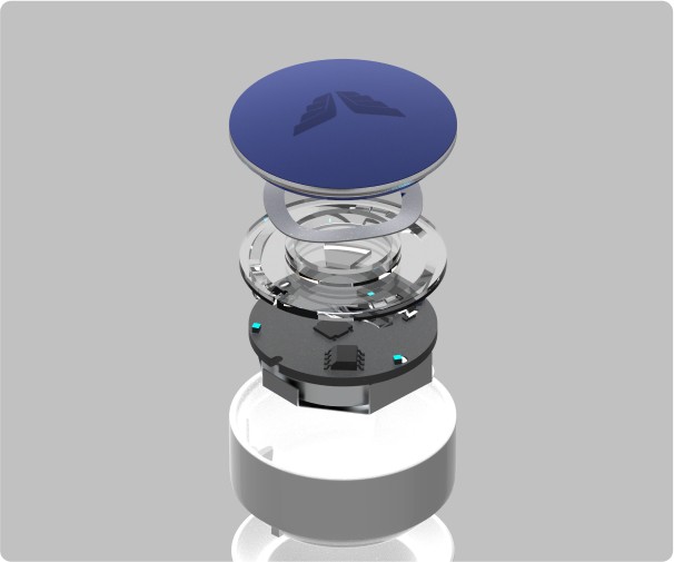 Exploded view of top of metered dose attachment.