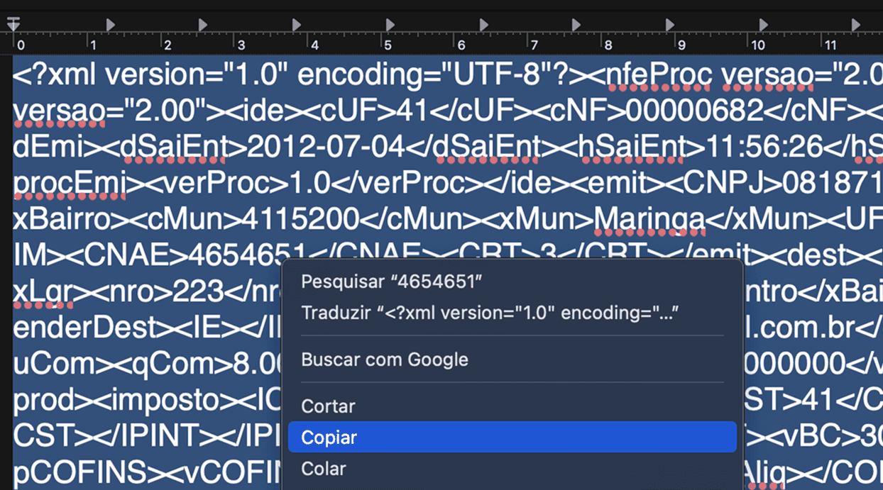 Bloco de notas de um arquivo XML de nota fiscal.