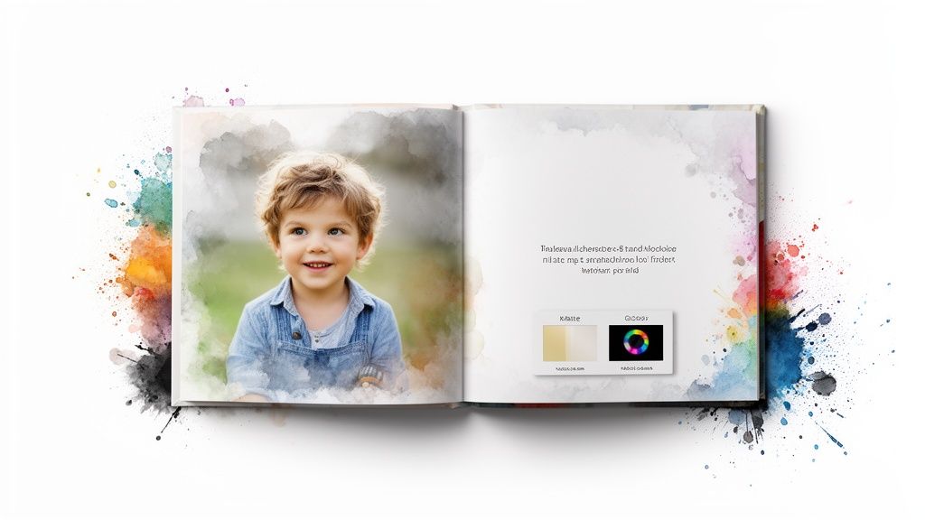 Open photo album displaying a watercolor portrait of a smiling boy and printing options.