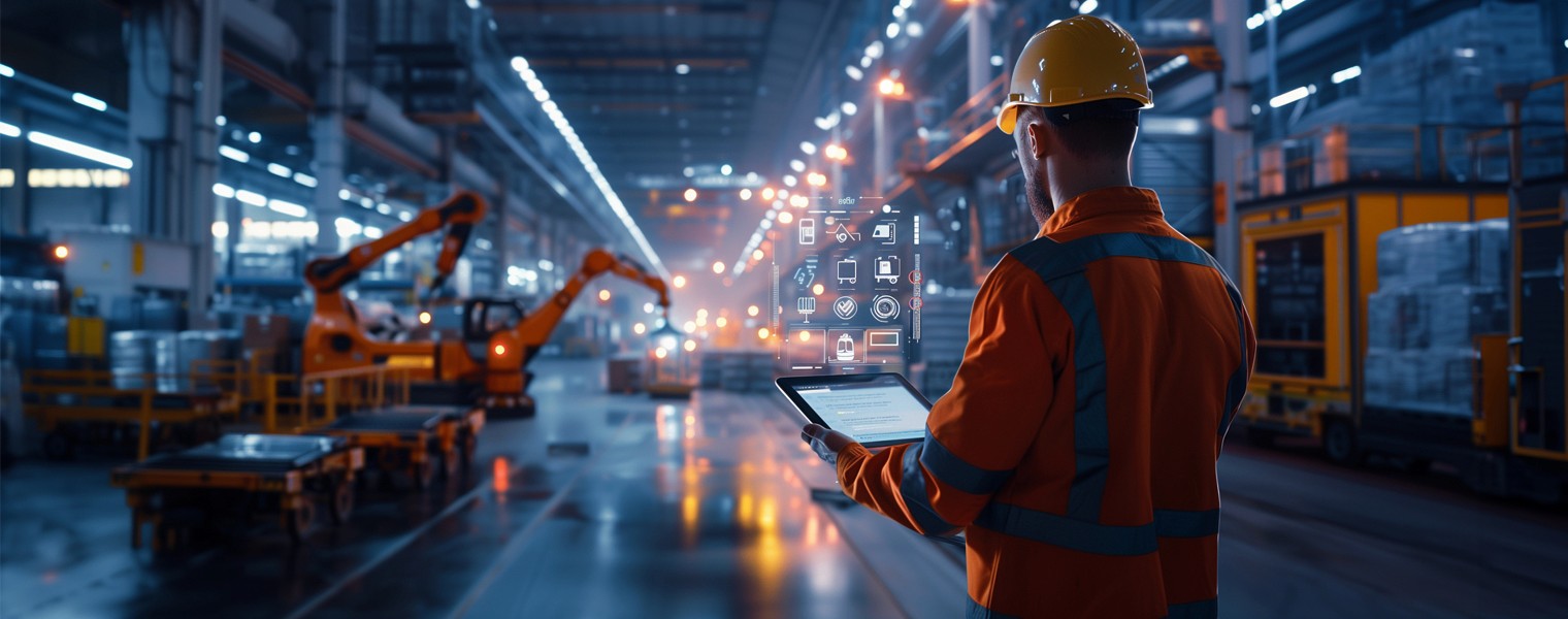 A warehouse worker uses a procurement AI solution on a tablet in a busy packing and shipping facility.