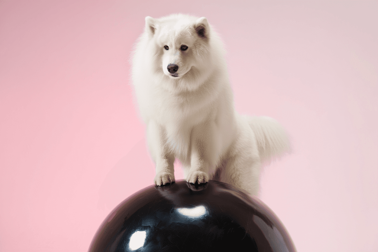 white dog and black boll
