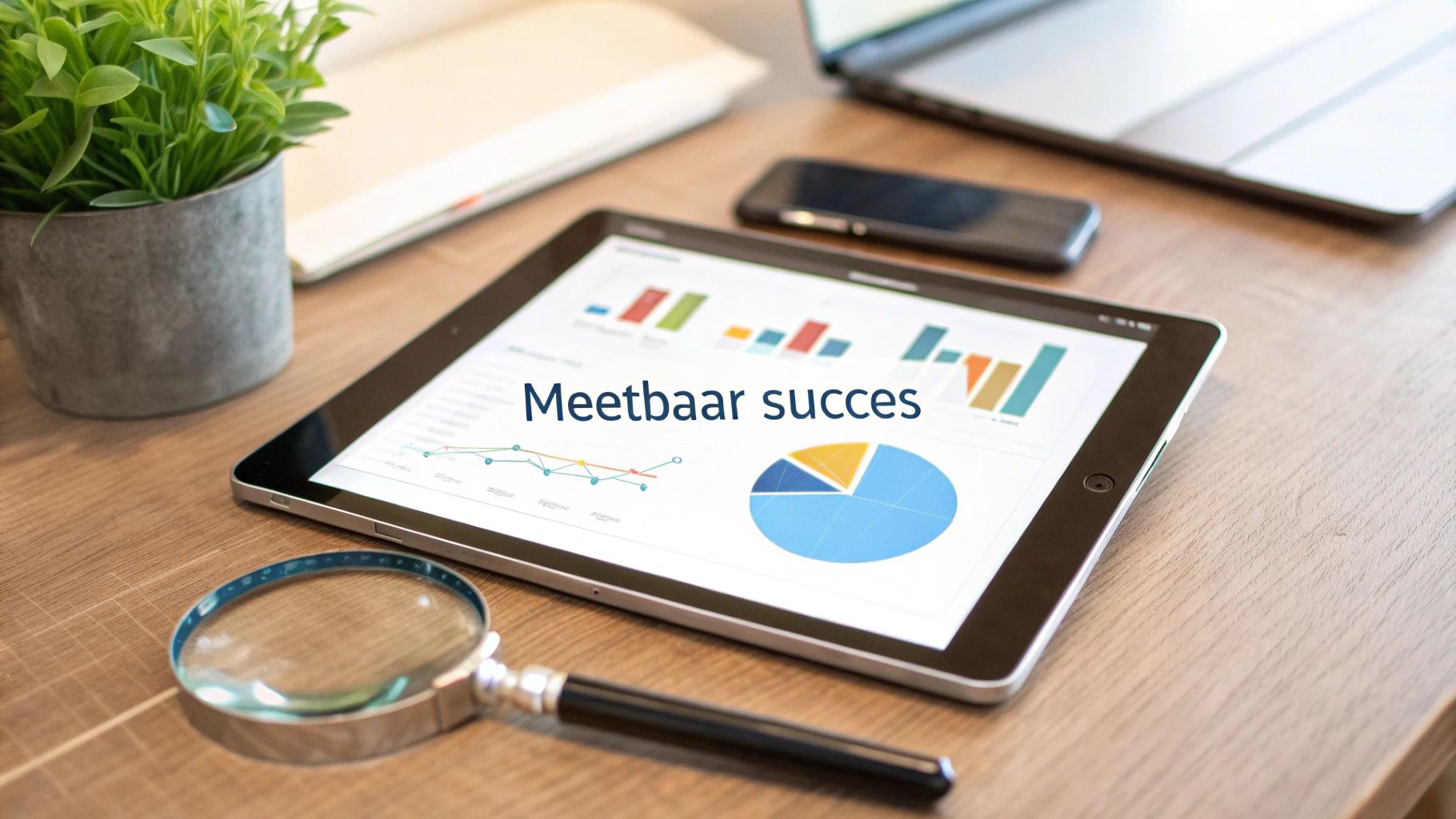 Een tablet op een houten bureau toont grafieken en de tekst 'Meetbaar succes', naast een vergrootglas.