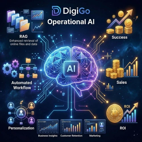 אינפוגרפיקה טכנולוגית המציגה את מערכת ה-Operational AI של DigiGo: מוח דיגיטלי מרכזי המחובר לתהליכי אוטומציה, RAG, פרסונליזציה וגרפים המציגים צמיחה ב-ROI ובמכירות לעסקים ב-2026.