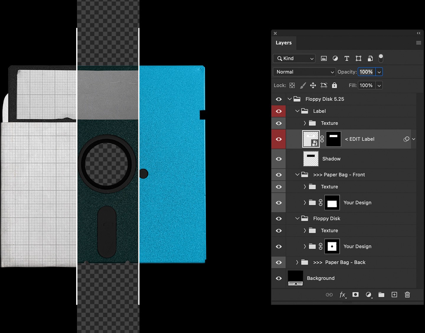 Vintage Floppy Disk 5.25 inch Mockup demonstration of the Photoshop layers panel and smart object editing features