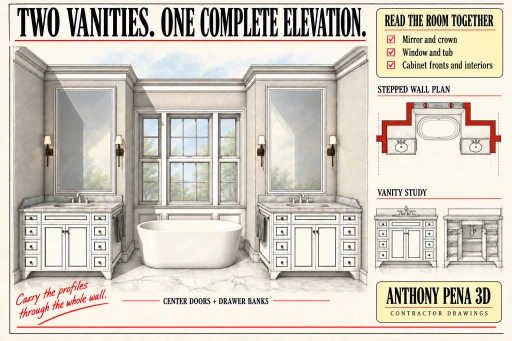 Bathroom cover with two matching vanities flanking a tub below a window.