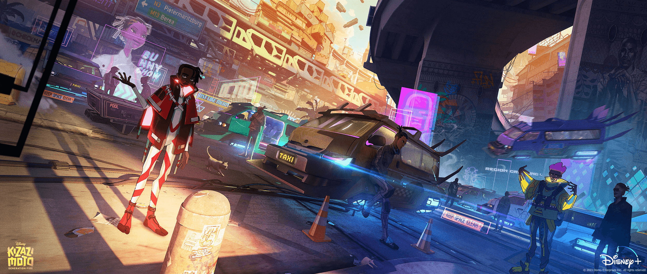 Hero concept art for Kizazi Moto Surf Sangoma – wide establishing shot of the African-futuristic environment