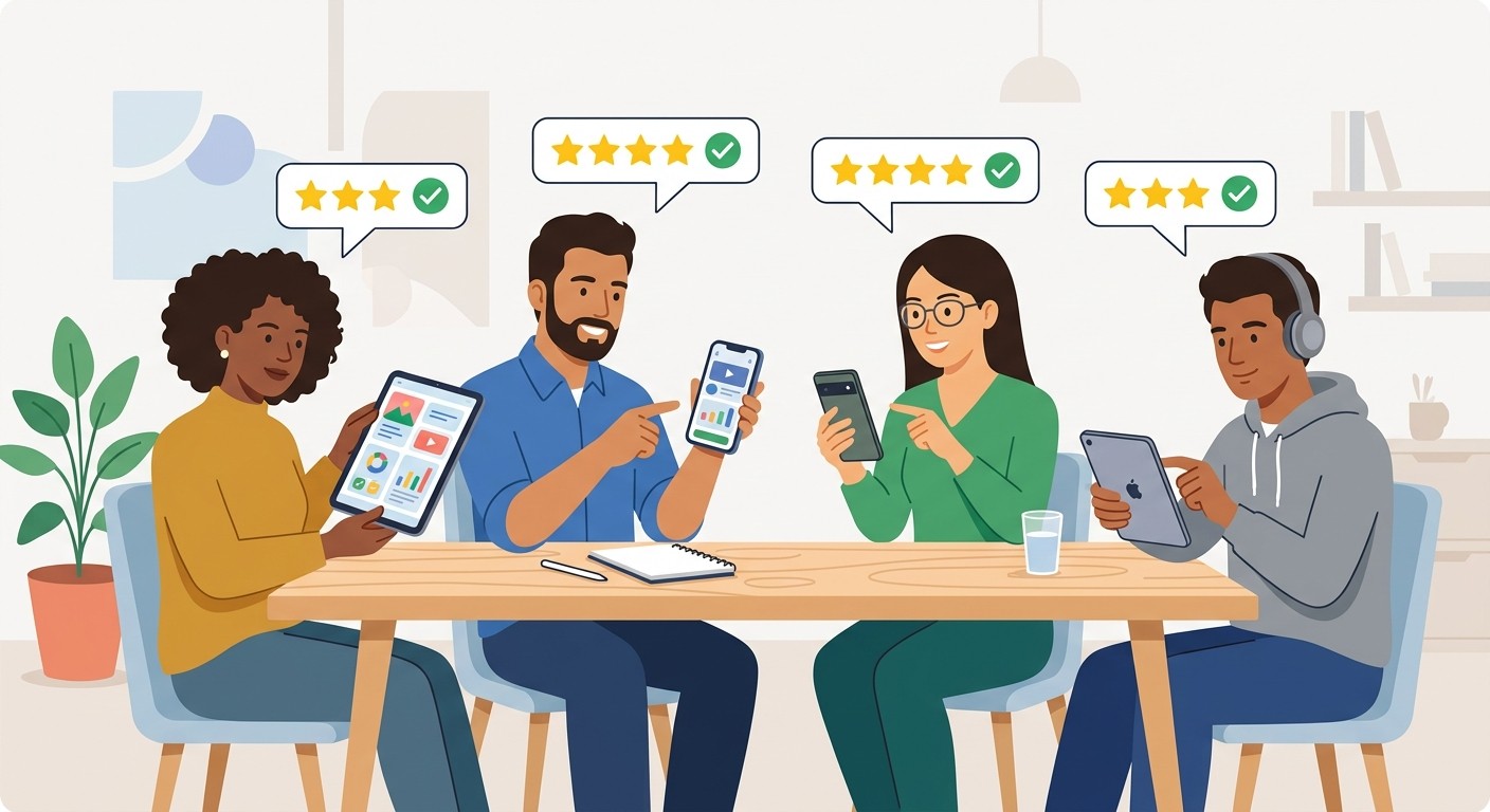 Illustration of people testing a mobile app on different devices and giving feedback with speech bubbles.