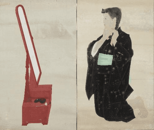 캡션 박래현, <단장>, 1943, 종이에 채색, 131×154.7cm, 개인소장. 대체텍스트 박래현 단장 1943년 종이에 채색 131x154.7cm 전통 동양화 문법으로 그린 검은 기모노 차림 여성 인물 입체적 구성 개인소장