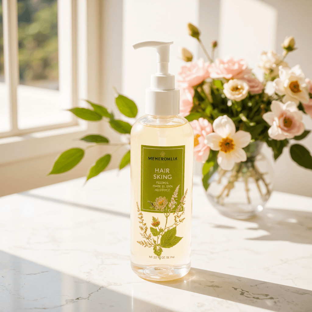 product photography of a bottle of hair and skin care product