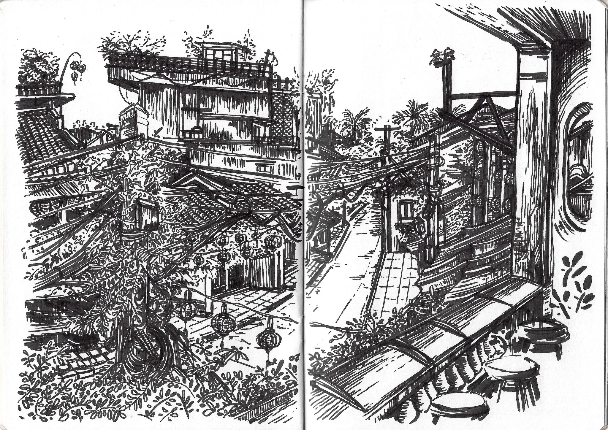 A black-and-white sketch of a scene in Vietnam.