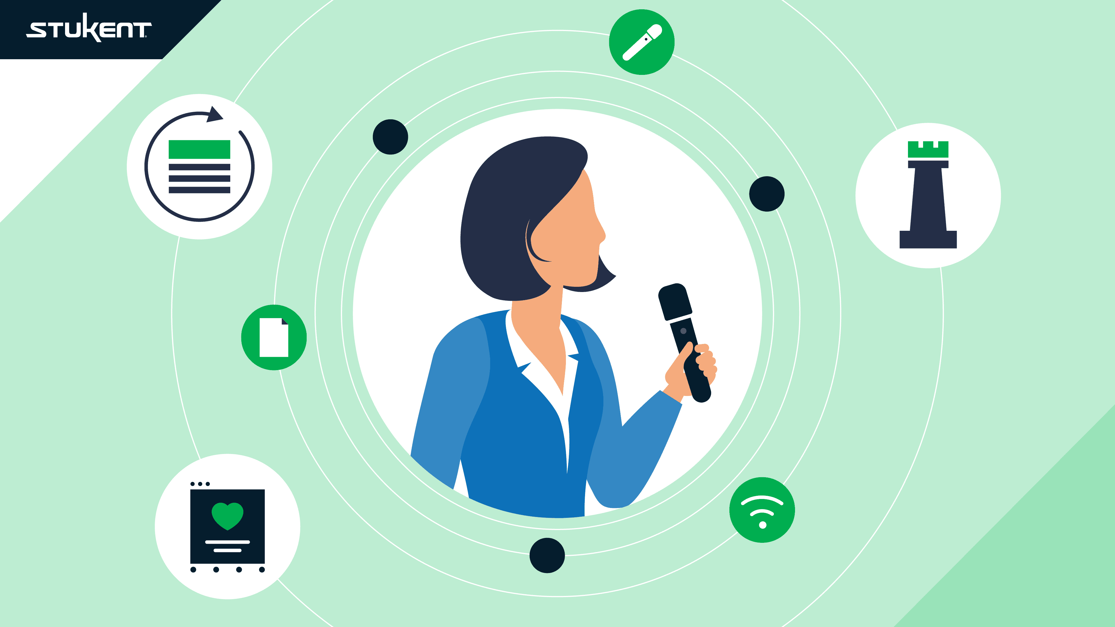 Annimated woman speaking into a microphone