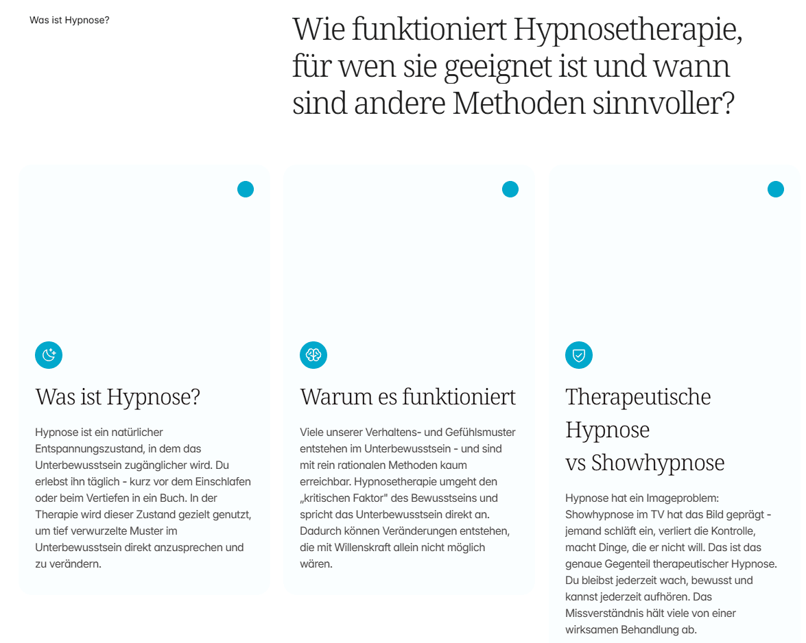 auszug von der website von susanne - in der sektion wird erklärt, für wen Hypnosetherapie etwas ist und für wen nicht