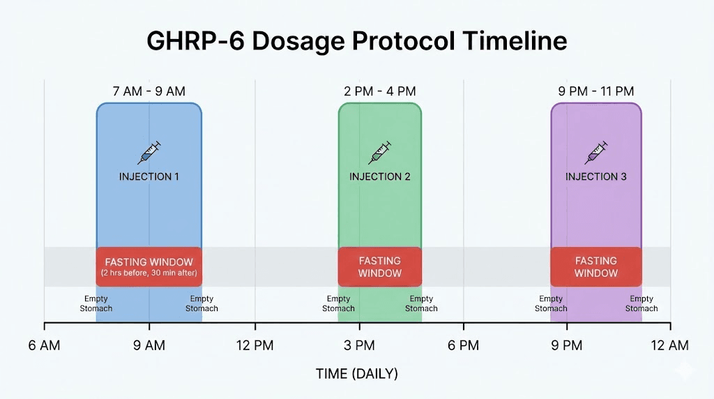 GHRP-6 dosage protocol schedule with three daily injections and fasting windows