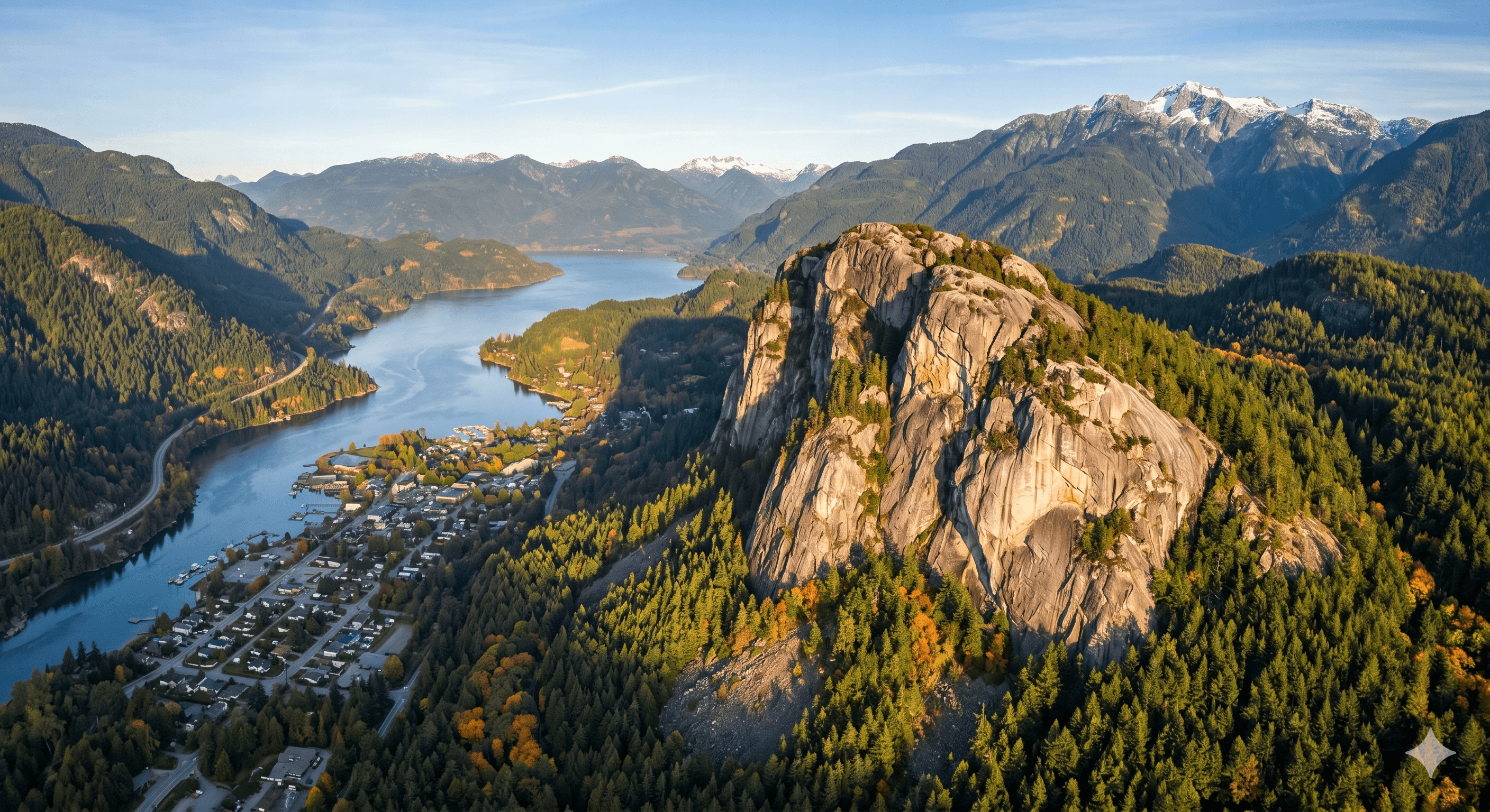 Aerial view of The Stawamus Chief and Howe Sound, a Sea-to-Sky service area for Tenmar glass railings.