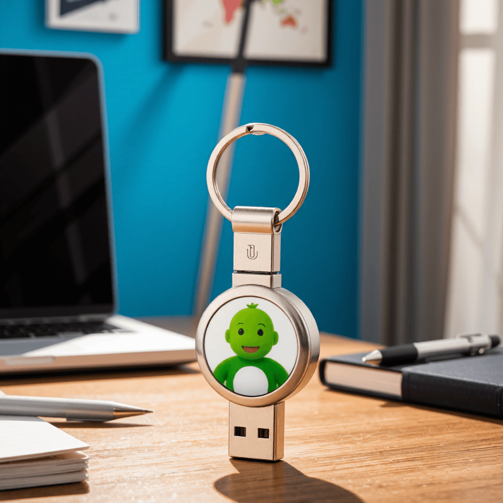 product photography of a keychain with a retractable USB flash drive