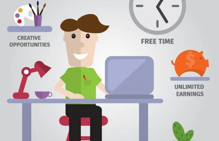 A cartoon illustration of a happy person working on a laptop at a desk, surrounded by icons representing benefits like "CREATIVE OPPORTUNITIES" (palette), "FREE TIME" (clock), and "UNLIMITED EARNINGS" (piggy bank). This depicts the advantages of a flexible or creative work-life balance.