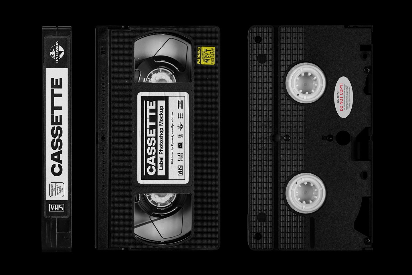 Vintage VHS cassette tape mockup showing cassette front back and spine