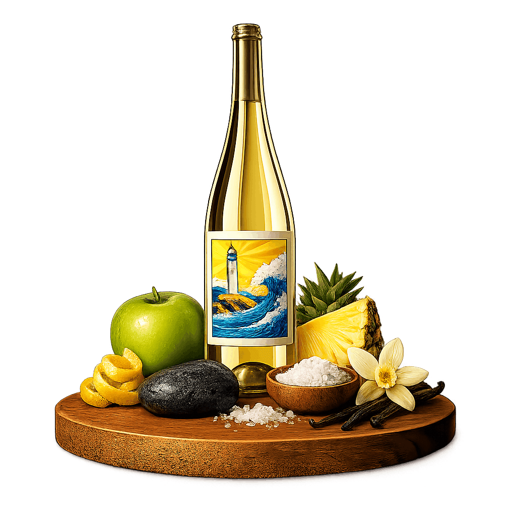Artistic label and flavor profile for Maldonado Chardonnay on a rustic wooden table.