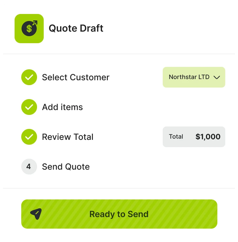 Quote draft card showing customer selection, item review, total amount, and ready-to-send status.