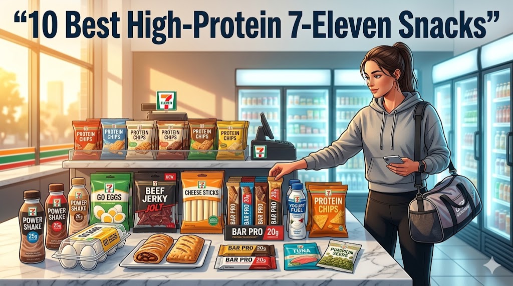 A visual guide inside a 7-Eleven featuring a woman in athleisure selecting from high-protein snacks like protein shakes, hard-boiled eggs, beef jerky, bars, and chips, with a text overlay: “10 Best High-Protein 7-Eleven Snacks”.